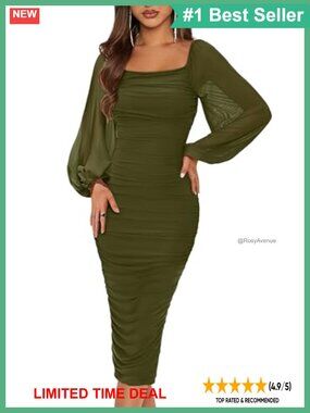 Women's Long Puff Sleeve Ruched Midi Bodycon Dress Mesh Party Cocktail